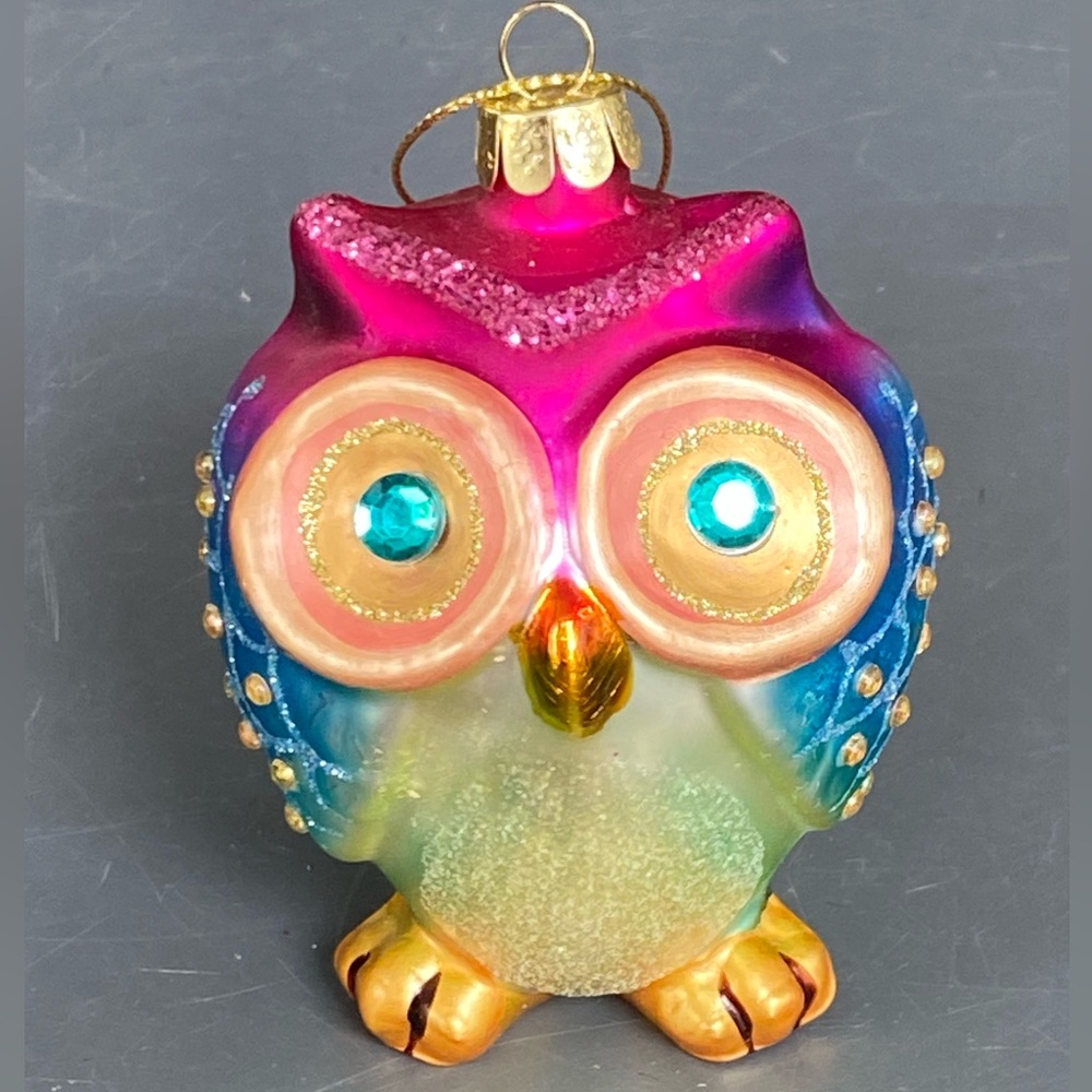 JiM SHORE ▪︎ JS▪︎ BIG EYED Blown GLASS Rhinestone OWL Christmas Ornament